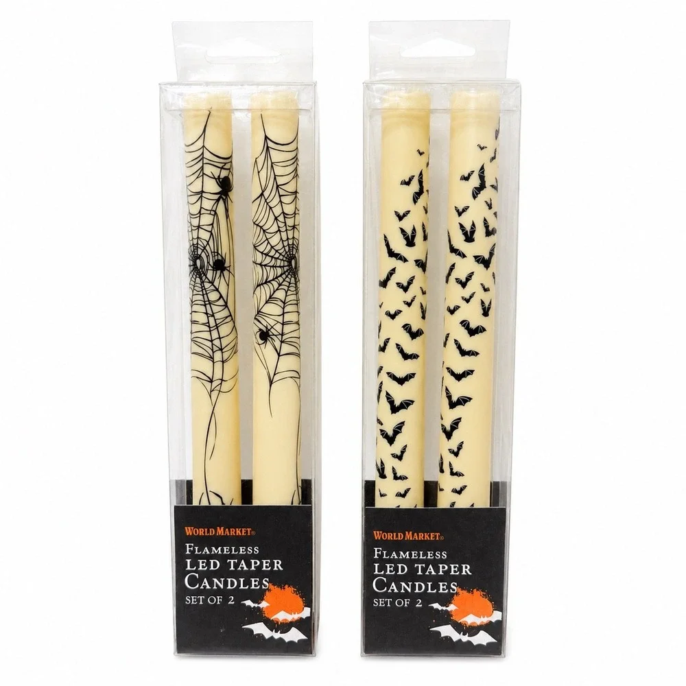 World Market Halloween Flameless LED Taper Candles Bats Spiderwebs Set of 4